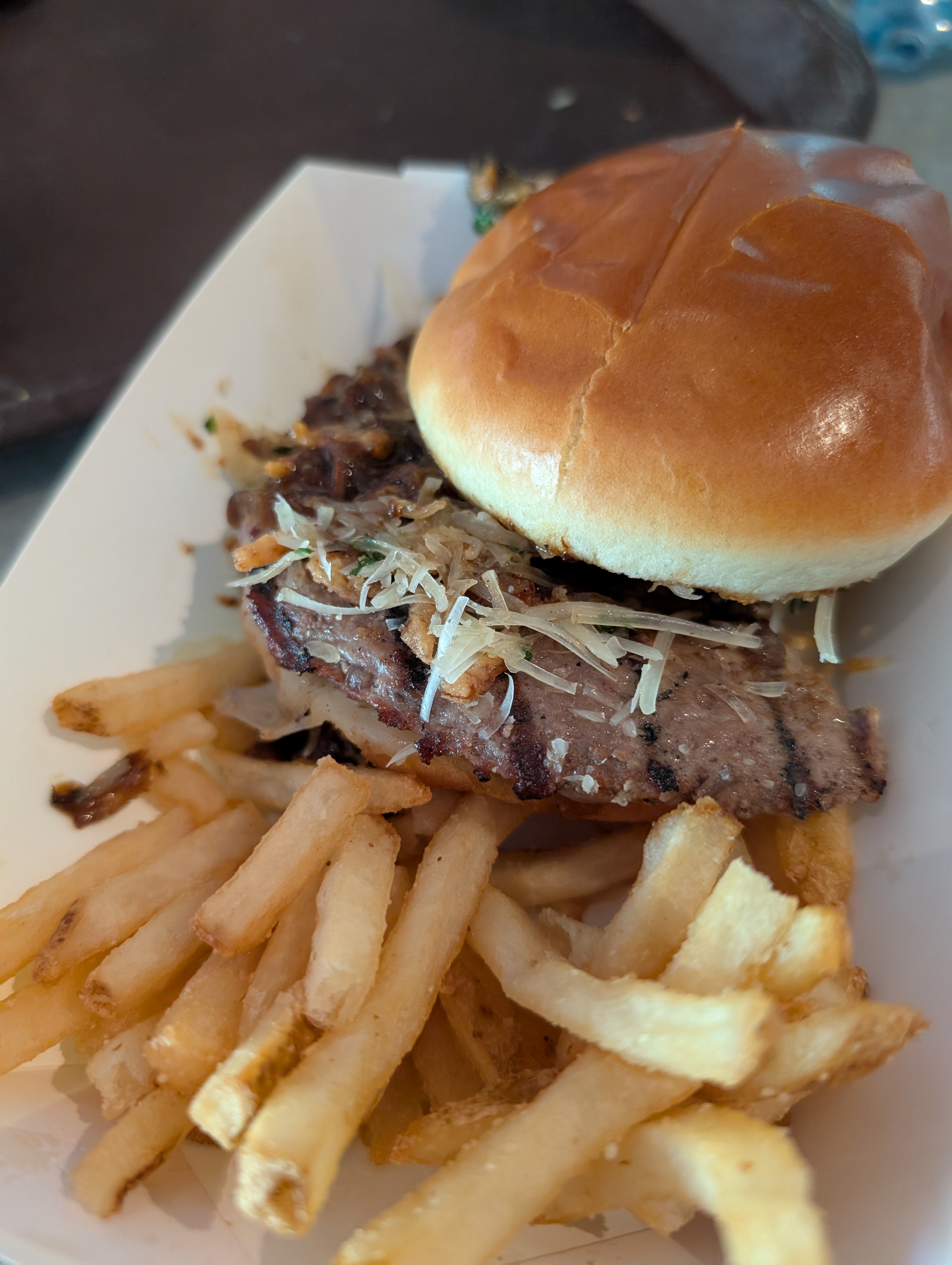 French Onion Truffle Burger with fries