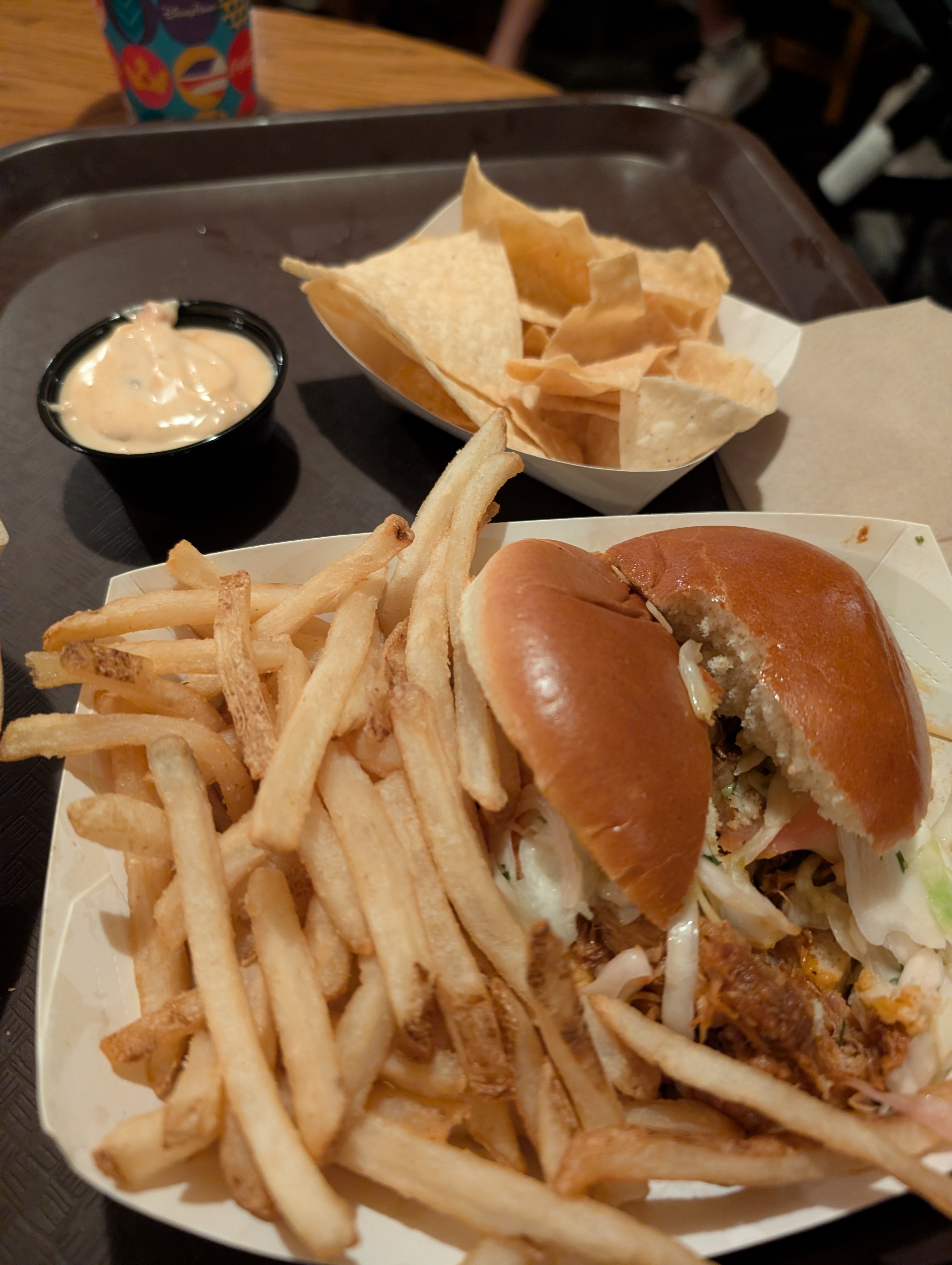 Cherry Coke Pulled pork sandwich with fries and Queso Chips